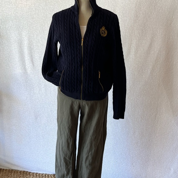 RALPH LAUREN 100% Cotton Navy and Gold Zipper Cable Knit Jacket Size Large - Picture 5 of 11
